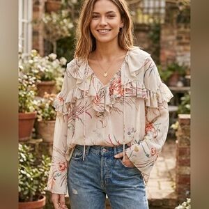 H&M Floral Ruffle V-Neck Blouse Size Medium Cream Pink Boho Peasant Top